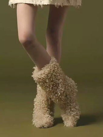 ラムウール エクリュ ホワイト ラウンドトゥ パピーヒール ミッドカーフブーツ レディース ブーツ