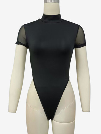 Short Sleeves Bodysuit Black High Collar Backless Backless Casual Lycra Spandex Women Top