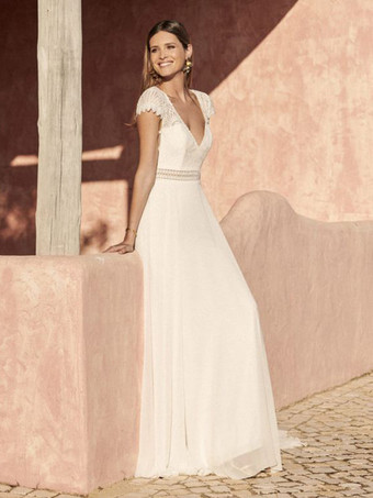 ボヘミアンウェディングドレス レース レース Aラインスイープ ナチュラルウエスト バックレス 半袖 Vネック アイボリー