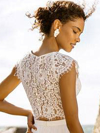 ツーピースウェディングドレス レース レース ジュエルネック ツーピース フロアレングスウェディングドレス 機能的なボタン 半袖 フロアレングス アイボリー