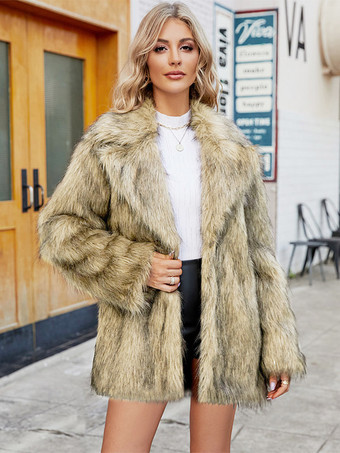 イエローフェイクファージャケット ノッチラペル 長袖 環境に優しい女性用冬コート 2025