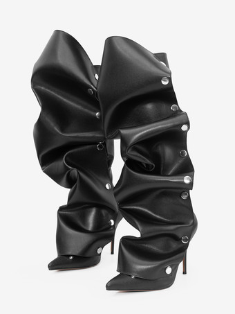 ブラック ニーハイブーツ レディース ポインテッドトゥ 取り外し可能なデザイン ハイヒール 膝丈ブーツ