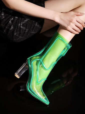 セクシーなライトアップブーツ ポインテッドトゥ チャンキーヒール アンクルブーツ 電池不要