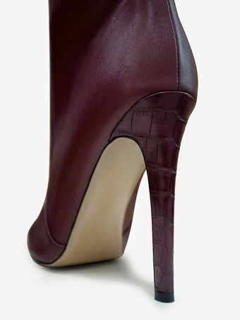 女性用ブラック ブーツ PU レザー ポインテッドトゥ スティレット ハイヒール ニーハイ ブーツ