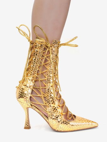 ブラック アンクルブーツ ポインテッドトゥ カットアウト レースアップ サンダル ブーティ