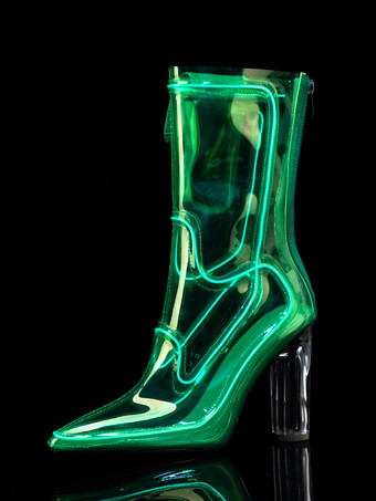 セクシーなライトアップブーツ ポインテッドトゥ チャンキーヒール アンクルブーツ 電池不要