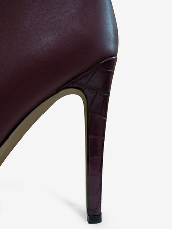 女性用ブラック ブーツ PU レザー ポインテッドトゥ スティレット ハイヒール ニーハイ ブーツ