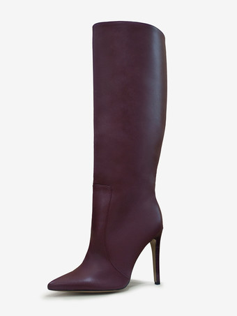 女性用ブラック ブーツ PU レザー ポインテッドトゥ スティレット ハイヒール ニーハイ ブーツ