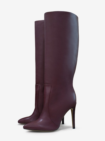 女性用ブラック ブーツ PU レザー ポインテッドトゥ スティレット ハイヒール ニーハイ ブーツ