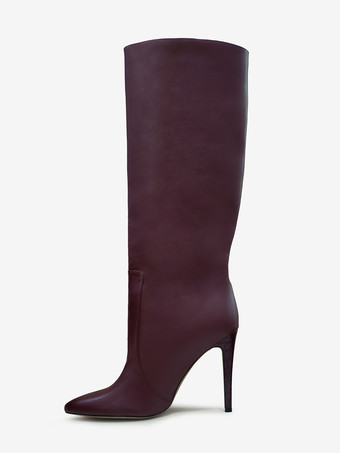 女性用ブラック ブーツ PU レザー ポインテッドトゥ スティレット ハイヒール ニーハイ ブーツ