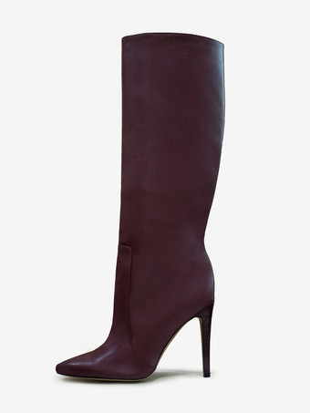 女性用ブラック ブーツ PU レザー ポインテッドトゥ スティレット ハイヒール ニーハイ ブーツ