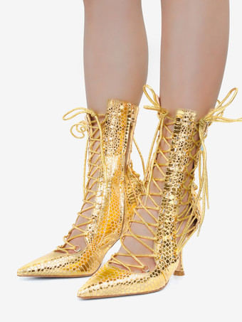 ゴールド ブラック アンクルブーツ ポインテッドトゥ カットアウト レースアップ サンダル ブーティ