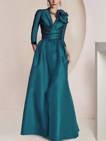 シアンブライダルマザードレス Vネック 3/4丈スリーブ Aライン プリーツ フロアレングス ゲストドレス 結婚式用