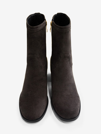 レディース アンクルブーツ ディープブラウン スエード ラウンドトゥ チャンキーヒール ブーティ