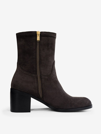 レディース アンクルブーツ ディープブラウン スエード ラウンドトゥ チャンキーヒール ブーティ