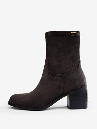 レディース アンクルブーツ ディープブラウン スエード ラウンドトゥ チャンキーヒール ブーティ