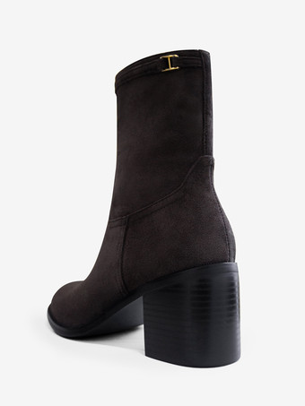 レディース アンクルブーツ ディープブラウン スエード ラウンドトゥ チャンキーヒール ブーティ