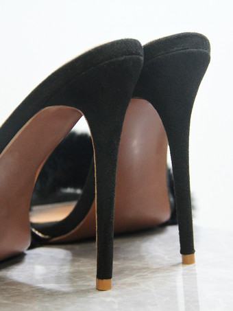 ブラックスエードのセクシーなミュール、フェイクファーのオープントゥハイヒールサンダルスライド