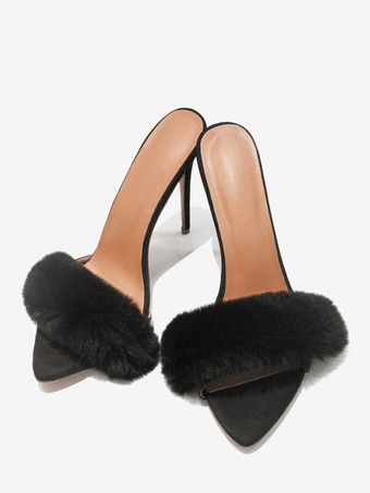 ブラック ブラックスエードのセクシーなミュール、フェイクファーのオープントゥハイヒールサンダルスライド
