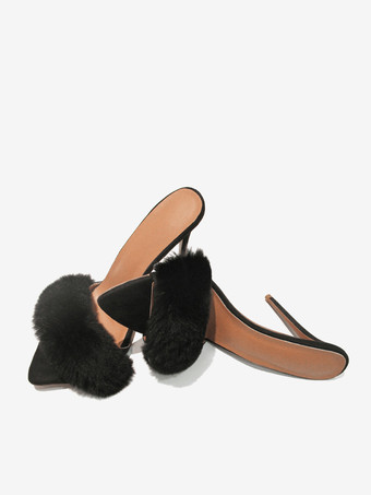 ブラックスエードのセクシーなミュール、フェイクファーのオープントゥハイヒールサンダルスライド