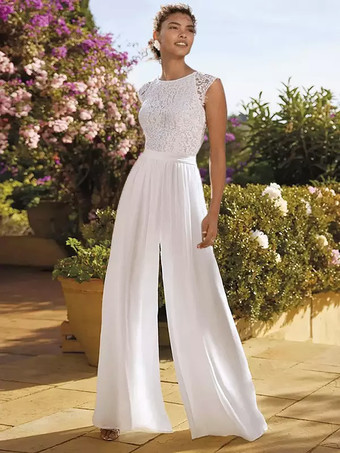 ホワイトブライダルジャンプスーツ レース フロアレングス ジャンプスーツ ジュエルネック 半袖 ナチュラルウエスト アイボリー