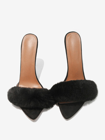 ブラックスエードのセクシーなミュール、フェイクファーのオープントゥハイヒールサンダルスライド