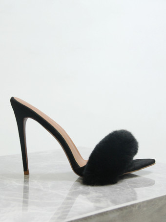 ブラックスエードのセクシーなミュール、フェイクファーのオープントゥハイヒールサンダルスライド