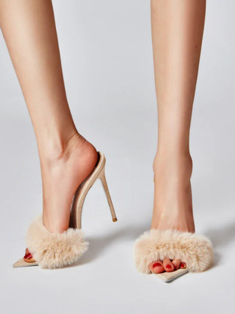 アプリコットブラックスエードのセクシーなミュール、フェイクファーのオープントゥハイヒールサンダルスライド