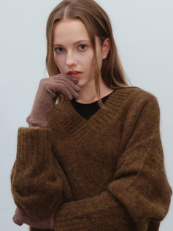 カーキ 女性用リブニット手袋ソリッドカラー秋冬手袋