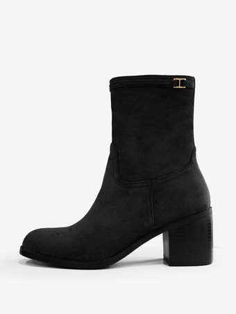 ブラック レディース アンクルブーツ ディープブラウン スエード ラウンドトゥ チャンキーヒール ブーティ