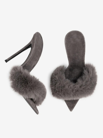 ブラックスエードのセクシーなミュール、フェイクファーのオープントゥハイヒールサンダルスライド