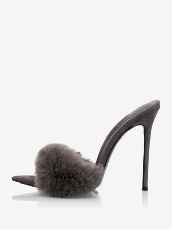 グレイブラックスエードのセクシーなミュール、フェイクファーのオープントゥハイヒールサンダルスライド
