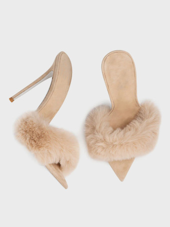 ブラックスエードのセクシーなミュール、フェイクファーのオープントゥハイヒールサンダルスライド