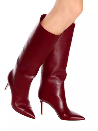 レディース ミッドカーフブーツ バーガンディ ポインテッドトゥ スティレットヒール パーティーブーツ