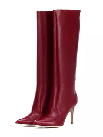 レディース ミッドカーフブーツ バーガンディ ポインテッドトゥ スティレットヒール パーティーブーツ