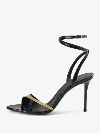 ブラック ハイヒール パーティーシューズ オープントゥ ストラップ スティレットヒール サンダル