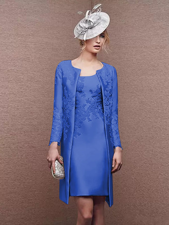 ロイヤルブルーブライダルマザードレス ジュエルネック ロングスリーブ Aライン レース ショート ウェディングゲストドレス