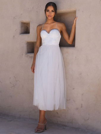 ホワイト Corest ミディドレス スパゲッティストラップ シャーリング レースアップ チュールスカートドレス