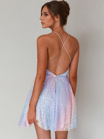 ライトスカイブルー グリッター ショート スウィング ドレス ホルター プランジ 卒業式 ミニドレス