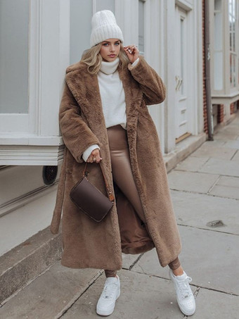 ラクダ色 ロングライン フックスファーコート ノッチラペル ベルト付き 環境に優しい冬用ジャケット 2025