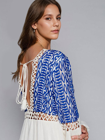 ボヘミアンドレスロングビショップスリーブディープVネック刺繍ボヘミアンジプシービーチバケーションホワイトコットン春夏ショートスケータードレス女性用