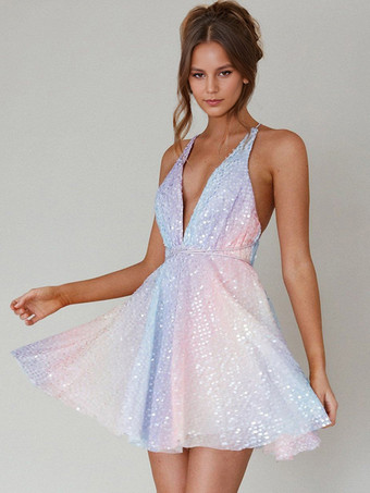 ライトスカイブルー グリッター ショート スウィング ドレス ホルター プランジ 卒業式 ミニドレス