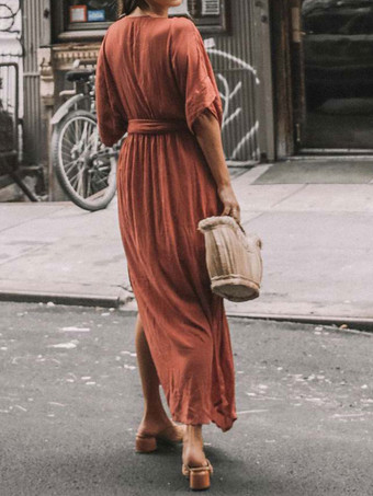 ボヘミアンドレス プランジ ハーフスリーブ ベルト付き サマービーチ マキシドレス