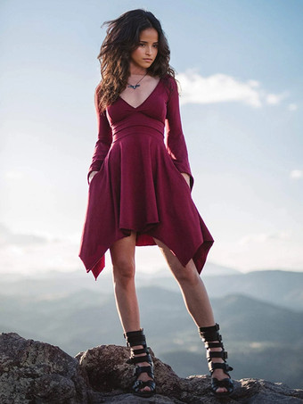 レトロ フレア ドレス V ネック ベルスリーブ プリーツ イレギュラー ドレス