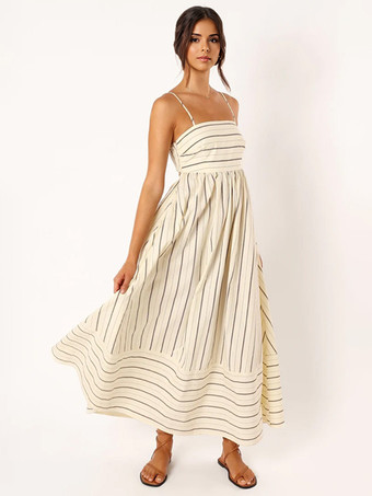 サマードレスストラップネックストライプカットアウトバックレスアプリコットロングビーチドレス