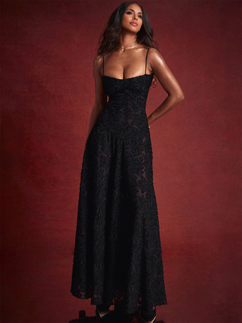 トランペットドレス スパゲッティストラップ レースアップ 花柄刺繍 プロム マキシドレス