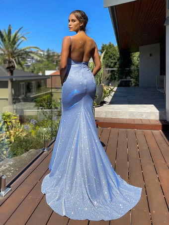 誕生日パーティードレス ブルー ストラップネック ノースリーブ バックレス プロム ロング アクアティックドレス