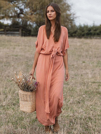 ボヘミアンドレス プランジ ハーフスリーブ ベルト付き サマービーチ マキシドレス