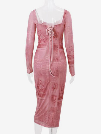 レトロペインティングドレスバックレスローカット魅惑的でエレガントなフィットドレス