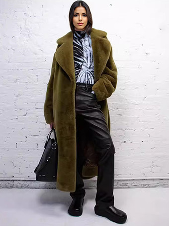 ハンターグリーン ロングライン フックスファーコート ノッチラペル ベルト付き 環境に優しい冬用ジャケット 2025